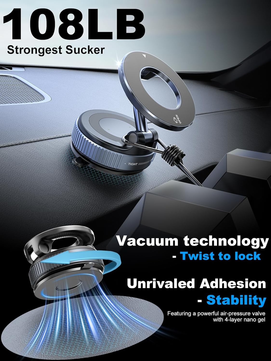 Magnetic Vacuum Suction Phone Holder, 360° Swivel