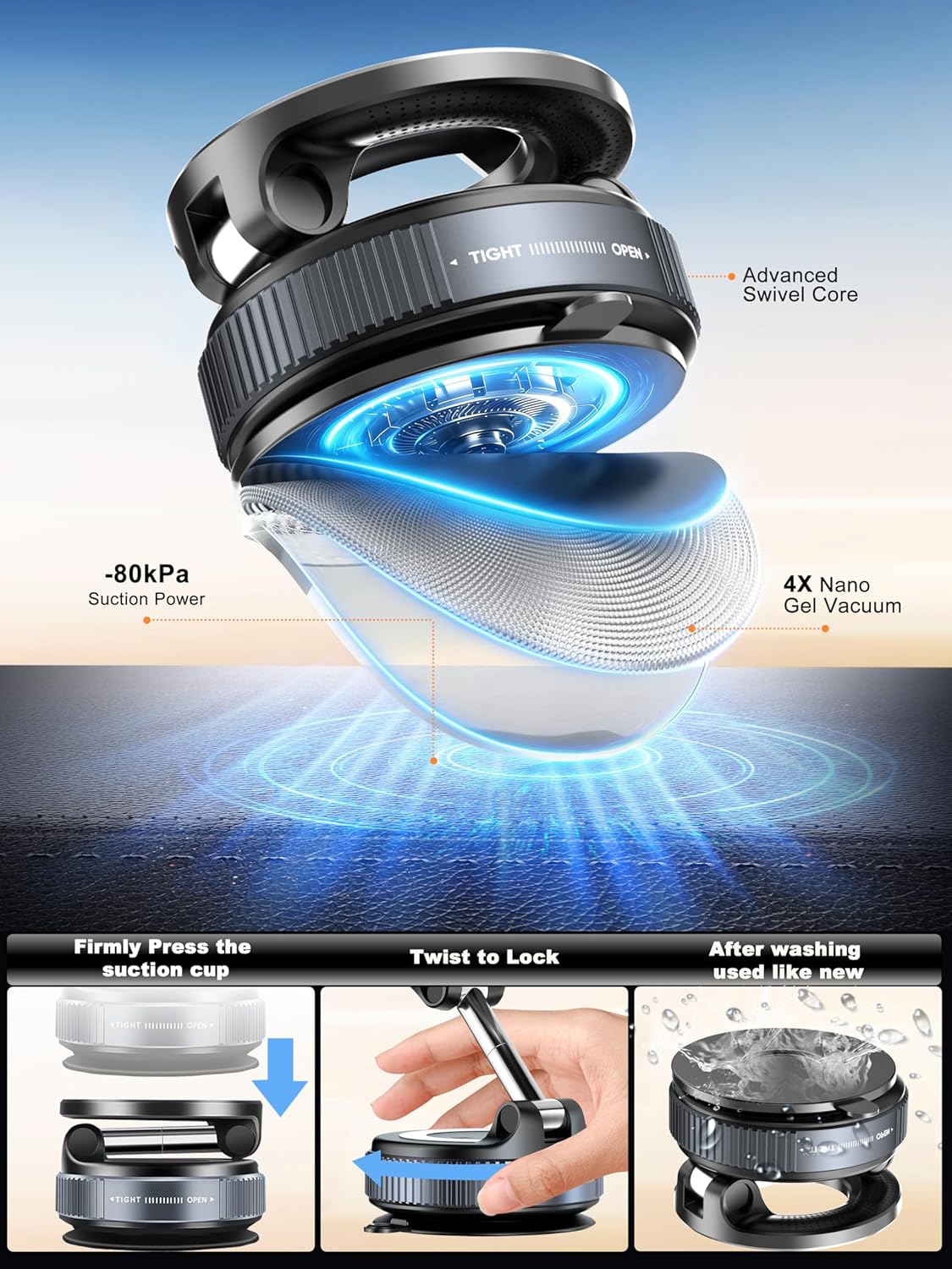 Magnetic Vacuum Suction Phone Holder, 360° Swivel